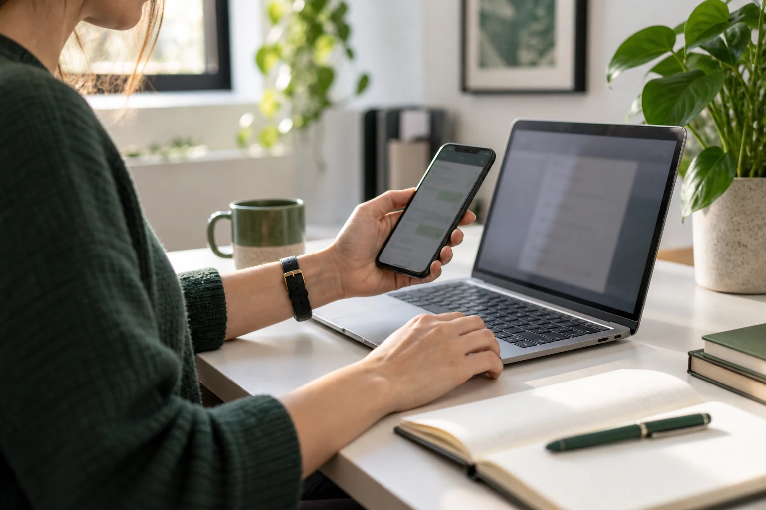 Unternehmer am Schreibtisch mit Smartphone und Laptop